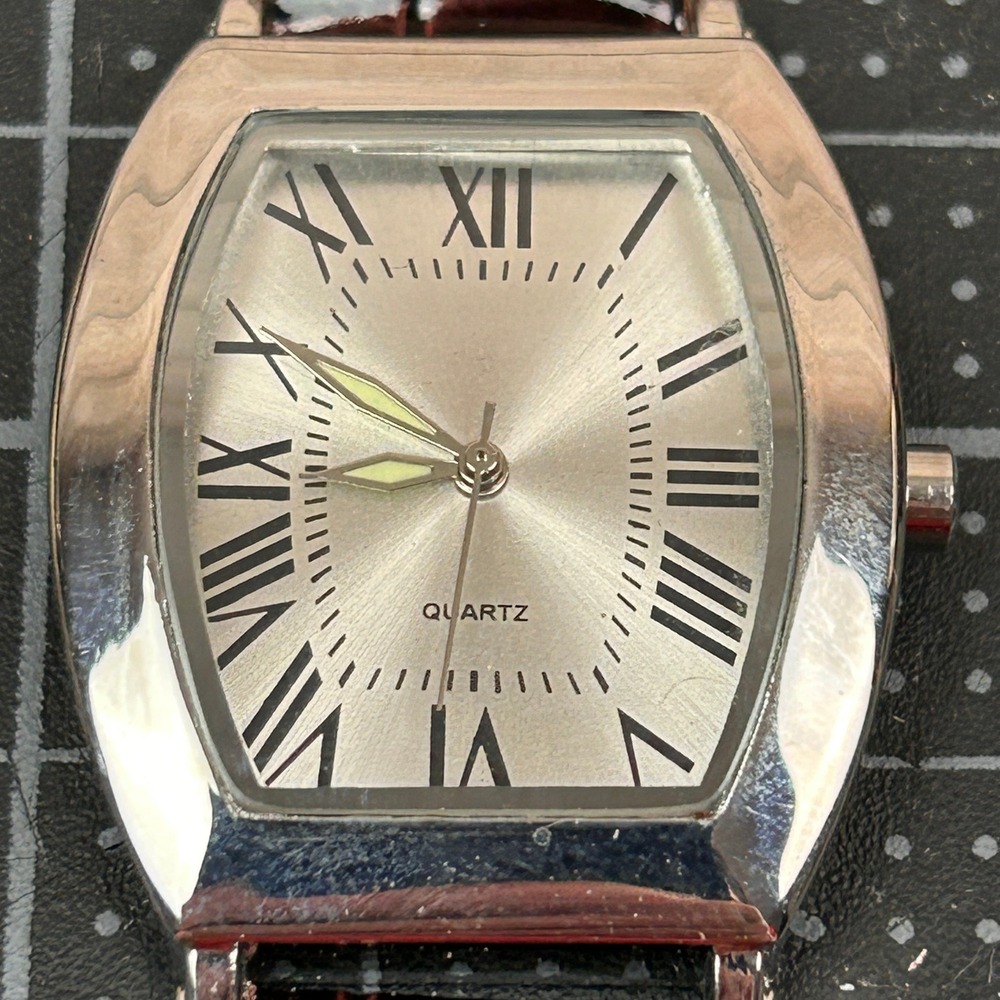 SKC Quartz Watch Mens Silver Tonneau Roman Numeral Dial Brown‎ Leather Strap